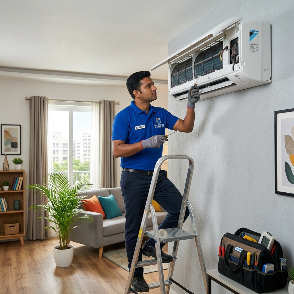 Indian technician servicing wall split AC unit