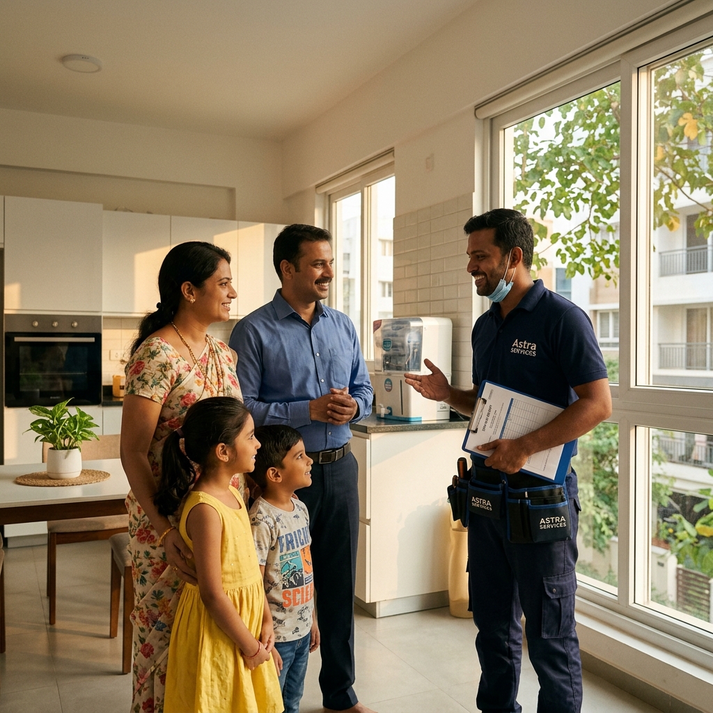 Indian family talking to a friendly repair technician