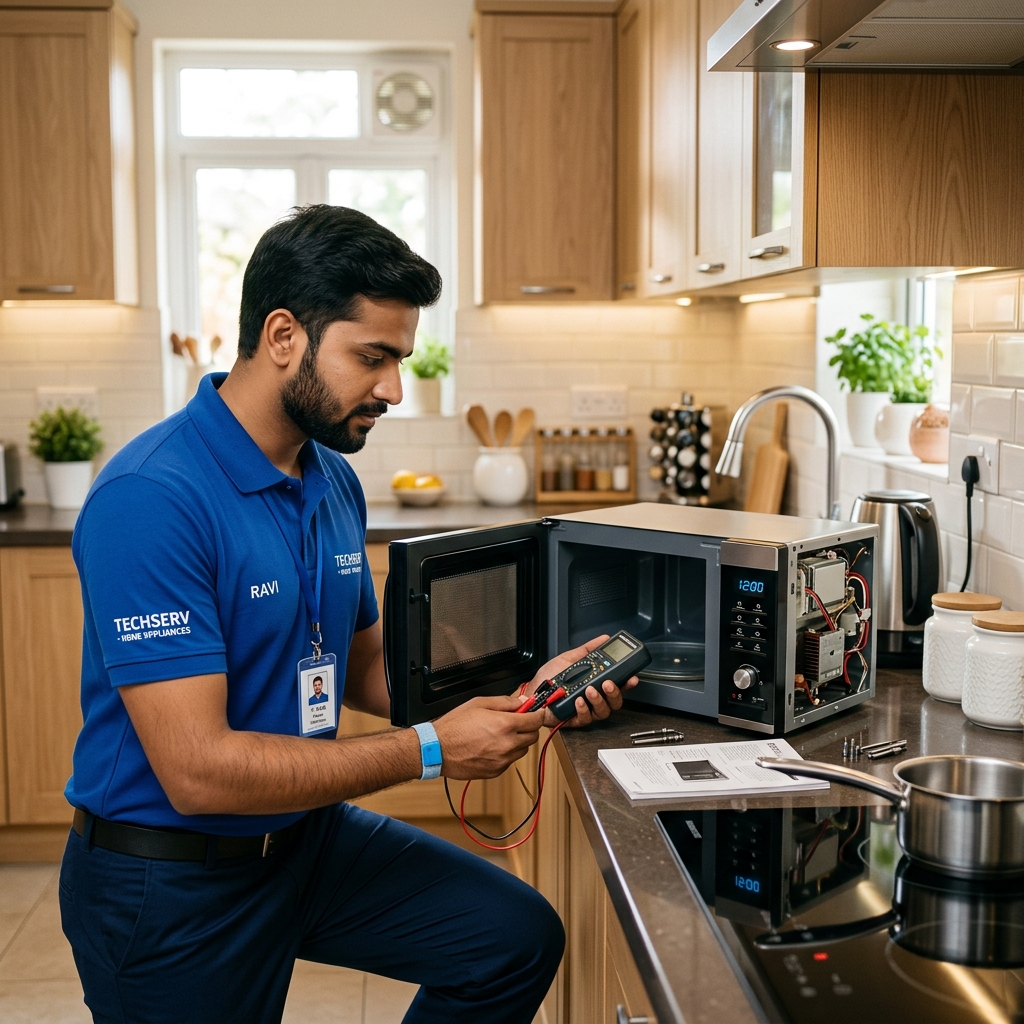 Technician measuring electrical voltage inside microwave