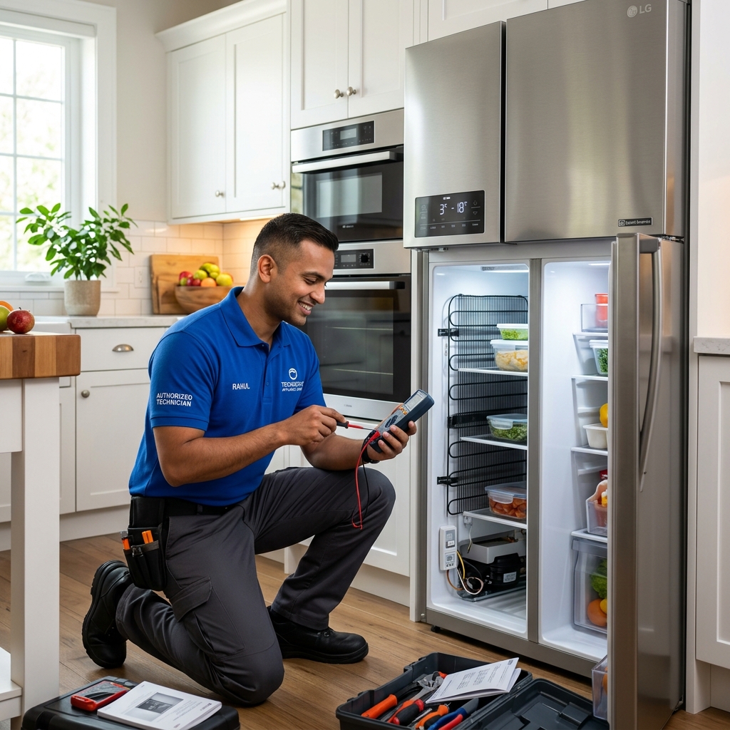 Indian technician inspecting refrigerator compressor